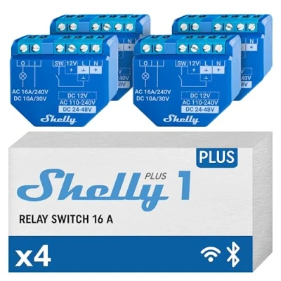 Immagine di Shelly Plus 1, Confezione de 4, Relè interruttore intelligente, Wi Fi &amp; Bluetooth, Contatti a potenziale zero, Compatibile Con Alexa Google Home, App iOS Android, Nessun Hub Richiesto