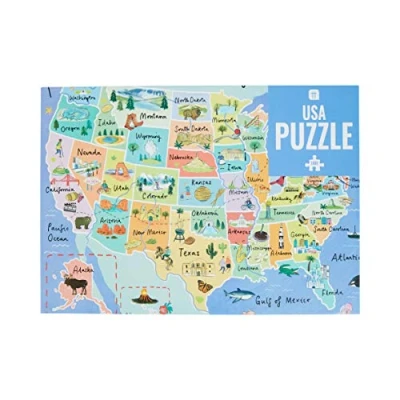 Immagine di Talking Tables Puzzle e poster con mappa blu Stati Uniti da 1000 pezzi, Colore Punti di riferimento americani viaggi, compleanno, PUZZ MAP USA