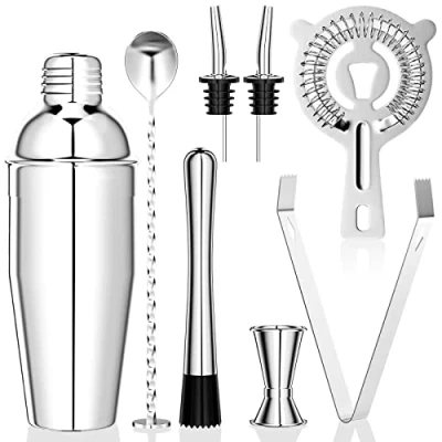 Immagine di Newaner 750 ML shaker, 8 pezzi cocktail set kit in Acciaio Inox,professionale barman set, con Colino, Jigger, Cucchiaio, Versatore, per Miscelare Bevande, Casa, Bar, Feste (Argento)