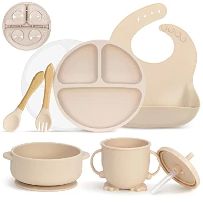Immagine di MOJINL Set di stoviglie in silicone per bambini, antiscivolo, con ventosa, 7 pezzi, senza BPA, cucchiaio, forchetta, ciotola, bavaglino, tazza e piatto coperchio