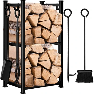 Immagine di Amagabeli Portalegna Legna da ardere con 4 Strumenti 72x46x30cm Interni set di Caminetti Grande Capacità Esterni Scaffale Porta 2 Ripiani Ceppi Cremagliera del Camino