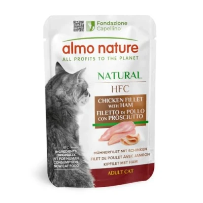Immagine di Almo Nature HFC Natural per Gatti Adulti Cibo Umido con 100% Filetto di Pollo &amp; Prosciutto Freschi Qualità HFC. Pacco da 24 Bustine x 55g cad.