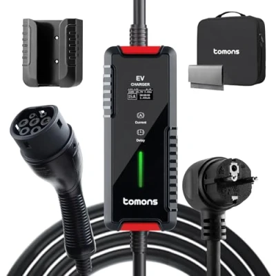 Immagine di tomons Tipo 2 cavo di ricarica Schuko 3,68 kW, monofase, 6 16A, per auto elettrica, caricatore EV con display digitale controllabile e funzione ritardo