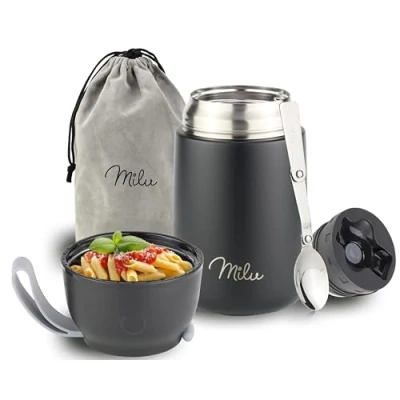 Immagine di Milu Thermo per Alimenti 300ml 440ml 450ml 650ml 800ml I Contenitore Termico di Acciaio Inossidabile, Isotermico Sottovuoto Cibi Caldi e Freddi (Nero, 650ml)