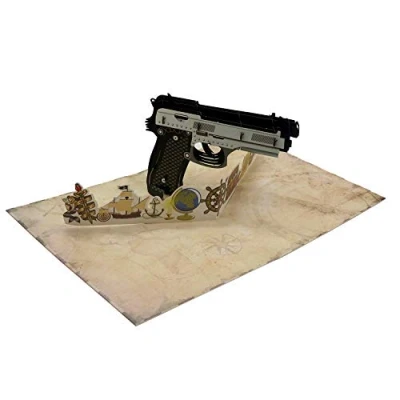 Immagine di Smiling Art Pop Up 3D Cards, biglietti d&#039;auguri con busta e copertina protettiva, fatti a mano, carta regalo per voucher, d&#039;invito, di compleanno (Pistola)