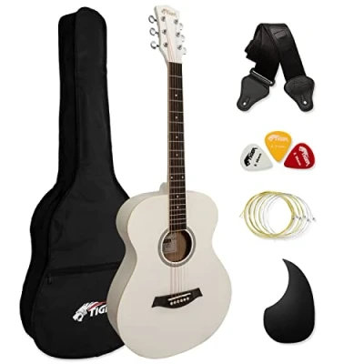 Immagine di TIGER ACG2 WH Chitarra acustica full size 4/4 con corde in acciaio per principianti La confezione include custodia, tracolla, piastra antigraffio e di ricambio Bianco