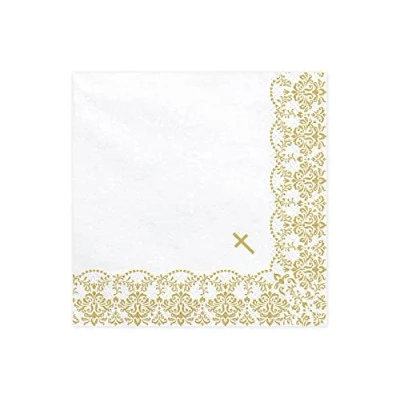 Immagine di 20 tovaglioli, 33 x cm, per comunione cresima e battesimo, colore bianco con ornamento dorato