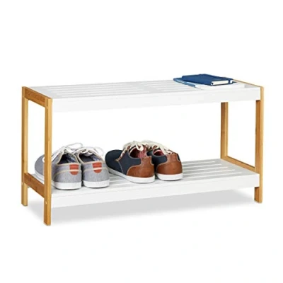 Immagine di Relaxdays Scarpiera con 2 Ripiani, Robusto Portascarpe, Scaffale per Scarpe, Legno MDF, Bianco/Marrone, 36,5 x 70 26 cm