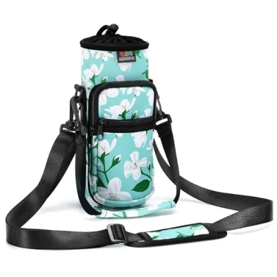 Immagine di Nuovoware Borsa per Borraccia in Neoprene da 25oz/710ml, Custodia Bottiglia con Tracolla Regolabile Maniglia e Tasche Portatile Porta Ciclismo, Campeggio Giglio Verde
