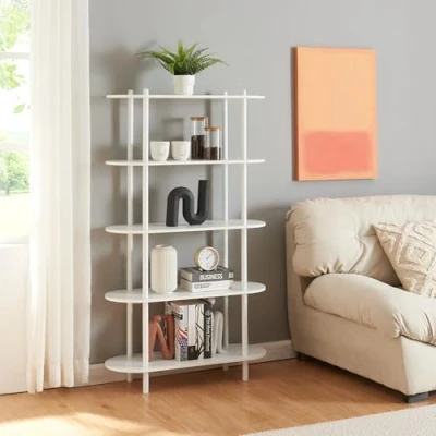 Immagine di [en.casa] Scaffale da Terra con 5 Ripiani a Forma Ellittica Libreria Mobile Espositore per Casa Ufficio 139 x 80 30 cm Bianco