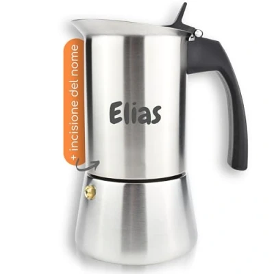 Immagine di Milu Caffettiera con incisione (2 Tazze Non Induzione) 2, 4, 6, 9 Espresso in Acciaio Inox, Set comprendente sottobicchiere, cucchiaio, spazzola 100ml)