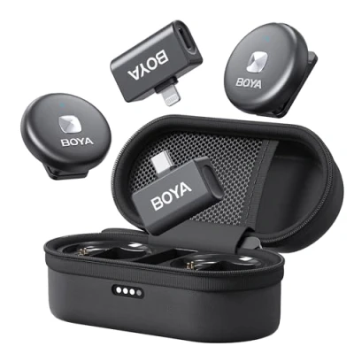 Immagine di Boya Omic Microfono Wireless per iPhone, Android con Lightning, USB C Plug, Cancellazione del Rumore, Durata della Batteria 15H, Portata 50 m, iPhone Registrazione Video,