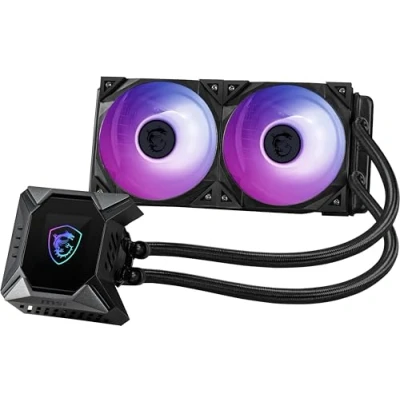 Immagine di MSI MPG CORELIQUID K240 V2 CPU AIO Cooler 240mm Radiatore, 2.4&#039;&#039; LCD Waterblock con built in TORX 3.0, 3x 120mm 4.0 ARGB PWM Fan, Center, Intel e AMD Ready, supporta LGA 1700