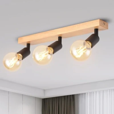 Immagine di ANWIO Faretti da Soffitto Neri Orientabili,Faretti Muro,Lampada con 3 Lampadine LED Attacco E27,Applique Parete,Base di Legno, Plafoniera per Negozio,Bar,Vetrina(Lampadine Escluse)
