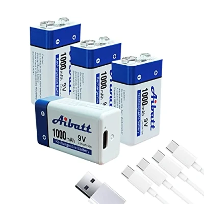 Immagine di Aibatt Batteria ricaricabile da 9 V, 1000 mAh, con porta di ricarica tipo C, agli ioni litio 6F22, per microfono, rilevatore fumo, giocattolo elettronico, walkie talkie,