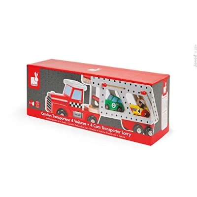 Immagine di Janod from 2 Years Old Large Wooden Car Carrier 4 Cars Included Develops Imagination J08572