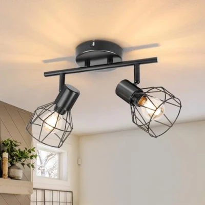 Immagine di Dehobo Faretti da Soffitto con 2 Orientabili, Lampada Led Moderno Industriale in Metallo Nero, Luci per Soggiorno Corridoio, Lampadine E14 non Incluse Max. 40W