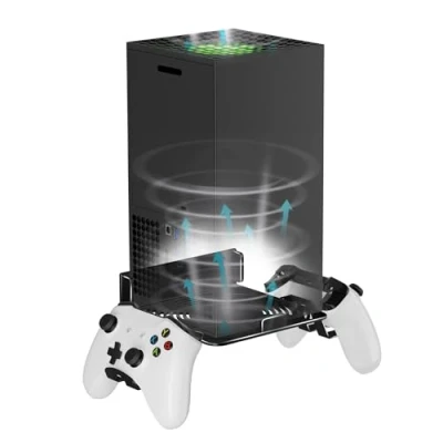 Immagine di Bricok Supporto da parete in lega di alluminio per Xbox Series X, kit montaggio a accessori con 2 supporti controller, mensola design ventilazione