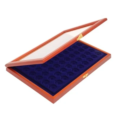 Immagine di SAFE 5865 Teca espositore in vero legno per 60 tappi di champagne intarsio velluto blu reale coperchio vetro completamente apribile 375 x 260 30 mm