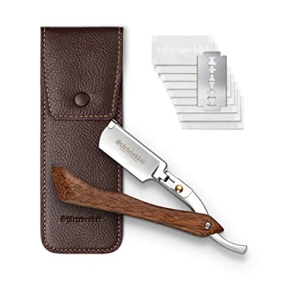 Immagine di Störtebekker rasoio con manico in legno, custodia pelle fatta a mano, pennello &amp; 10 lame Set di coltelli da barba rasoi umido qualità premium mano libera (Legno Nero)