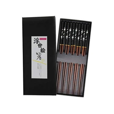 Immagine di Exzact Set di Bacchette Regalo 5 Paia Legno Naturale riutilizzabili in Una Bella Scatola Nera Fatta a Mano (EX CS05 BLK)