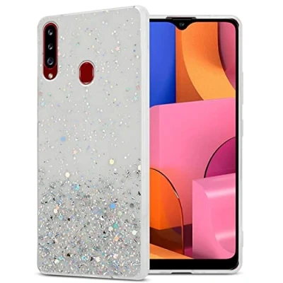 Immagine di Cadorabo Custodia compatibile con Samsung Galaxy A20s in Trasparente glitter protettiva silicone TPU scintillanti Ultra Slim Back Cover Case