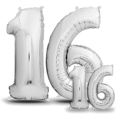 Immagine di envami® Palloncini Compleanno 16 Anni Argento 101 CM + 40 Palloncino Numero Numeri Gonfiabili Decorazioni Vola con l&#039;Elio