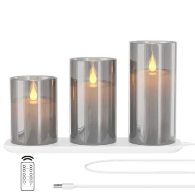 Immagine di EXTSUD candele a LED senza fiamma tremolanti con stazione di ricarica e telecomando, set da 3 in vetro ricaricabili, funzione timer, romantiche lumini,Grigio
