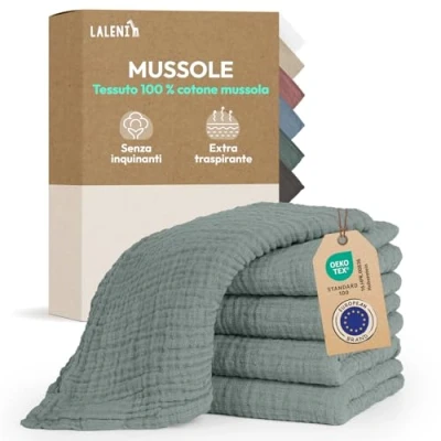 Immagine di Laleni Mussole Neonato Cotone 70x70cm In Set Di 5 Quadrotti Per Pelli Sensibili Asciugamani Extra Morbidi E Assorbenti Lavette Quadrati Verde