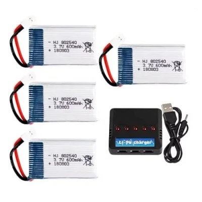 Immagine di YUNIQUE GREEN CLEAN POWER Set 4 Batterie Lipo 3.7V 600mAh per Droni Compatibile con Syma X5, Cheerson CX 30W, Skytech M68 Alta Prestazione e Durata Incluso Caricatore, Argento