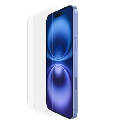 Immagine di Belkin ScreenForce TemperedGlass Proteggi schermo, vetro temprato per iPhone 15 Plus, sottile, trasparente, antigraffio, include un supporto un&#039;applicazione senza bolle, 2 pezzi , Esclusiva Amazon