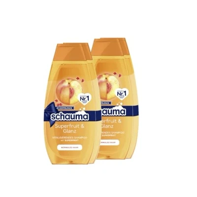 Immagine di Schauma Schwarzkopf Shampoo superfruit &amp; Glanz, confezione da 2 (2 x 400 ml), con estratto di rinforza i capelli e dona una lucentezza naturale, senza silicone formula vegana