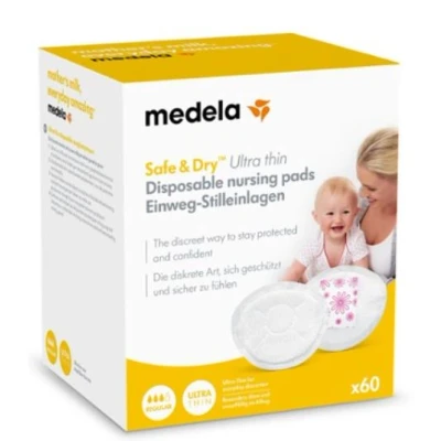 Immagine di Medela Safe &amp; Dry Ultra Thin Coppette Assorbilatte Sottili e Altamente Assorbenti, Confezione da 60 per Maternità Confezionate singolarmente