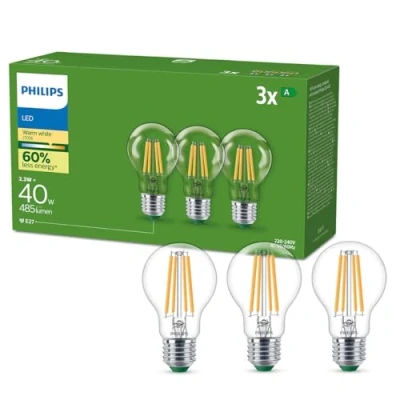 Immagine di PHILIPS LED Lampadina Goccia A Filamento Classe Ultra Efficiente, 3 Pezzi, 40W, E27, Luce Bianca Calda