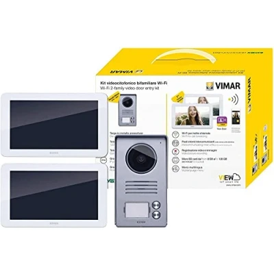 Immagine di Vimar K40946 Kit Videocitofono Smart Bifamiliare con 2 Monitor Touch Screen Vivavoce, Targa Audiovideo Pulsanti Cornice Parapioggia, Alimentatori Multispina, Bianco