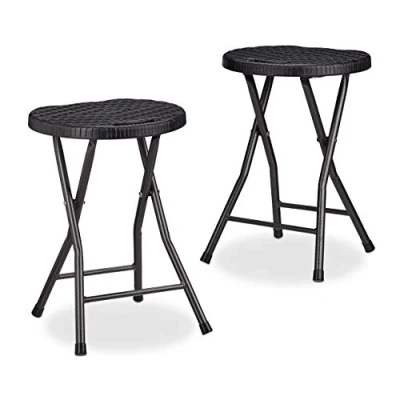 Immagine di Relaxdays Sgabello Pieghevole Bastian, Forma Rotonda, Effetto Rattan, Resistente, HxLxP 45x32,5x29 cm, Nero