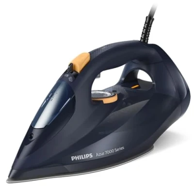 Immagine di Philips Azur Serie 7000 Ferro da stiro a vapore 3000 W, Continuo 55g/min, Colpo 250 g, verticale, piastra SteamGlide Elite, Blu/Giallo (DST7060/20)