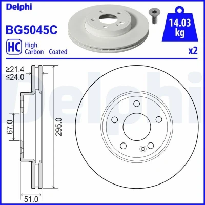 Immagine di DELPHI BG5045C Disco freno 295 24 5 ventilato rivestito ad alto tenore di carbonio senza cuscinetto ruota, anello sensore ABS