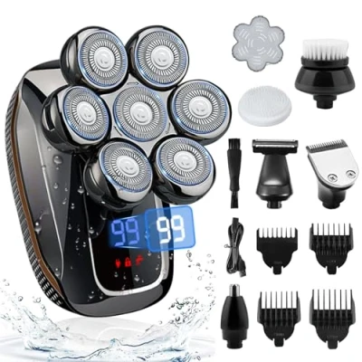 Immagine di Rasoio Testa Calva, Elettrico Barba 6 in 1 Regolabarba Uomo, Corpo Uomo con 7 Testine Rotanti, IPX7 Impermeabile, per Capelli Naso Orecchie e Viso Pulito