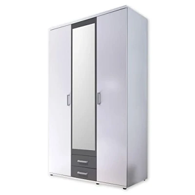 Immagine di Stella Trading HANAU, armadio con anta A specchio in bianco e grigio grafite, versatile 4 ante battente per la vostra camera da letto, 160 x 196 54 cm (L P)