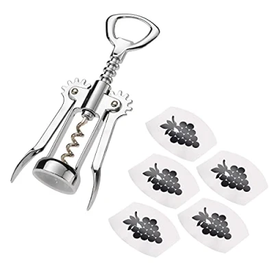 Immagine di Westmark 602022E6 Cavatappi a leva + 5 versatori per vino, in acciaio/plastica, Safety, argento/nero