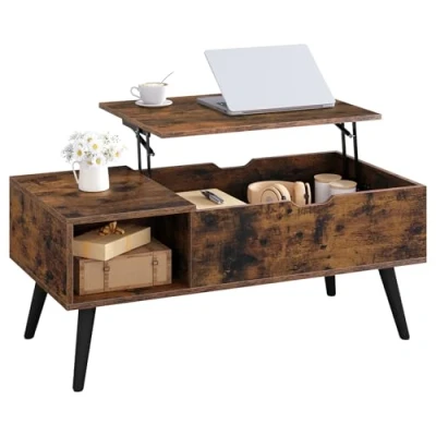 Immagine di WOLTU Tavolino da Caffè Sollevabile, con Spazio interno e Scomparto Aperto, Sollevabile Allungabile, per Soggiorno, 100x50x(43 57) cm, Marrone Rustico, BTS26vbn