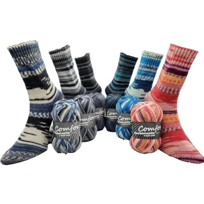 Immagine di Gomitolo di lana per calze, Comfort Color, 4 fili, set colori 6 x 100 g, lunghezza 420 m, multicolore