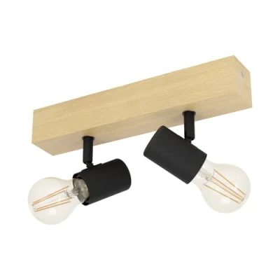 Immagine di Eglo lampada da soffitto Townshend 3, plafoniera vintage a due punti luce, dal design industrial, retrò in acciaio e legno, nero, marrone, E27