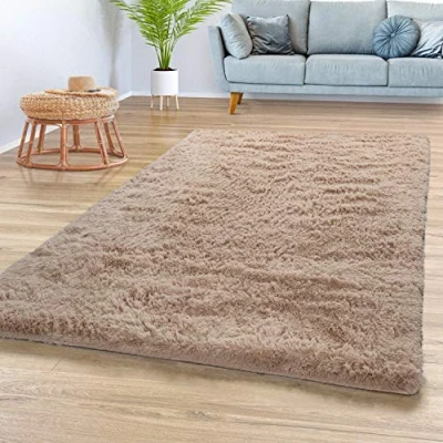 Immagine di TT Home Tappeto Salotto Pelo Lungo Shaggy Morbido Soffice Design Moderno Monocolore, Colore: Beige, Dimensione:80x150 cm