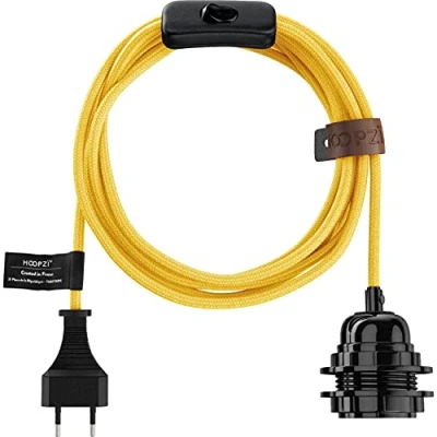 Immagine di Hoopzi Bala Cavo Elettrico Tessuto 36 Colori 4,5 Metri Portalampada E27 con interruttore Lampade a Sospensione Colore Giallo