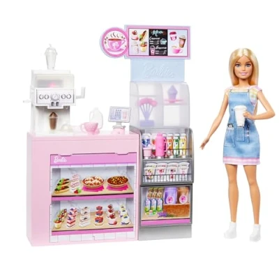 Immagine di Barbie Caffetteria, playset con bambola barista bionda e 12+ accessori a tema inclusi, tra cui macchina per caffè frullati, tazze cibo, giocattolo bambini, 3+ anni, HXN94