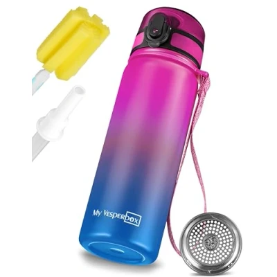 Immagine di My Vesperbox Borraccia Thermos in acciaio inox, a tenuta stagna, con cannuccia o colino, 400 ml, 600 senza BPA, per l&#039;asilo, la scuola (viola blu ml)