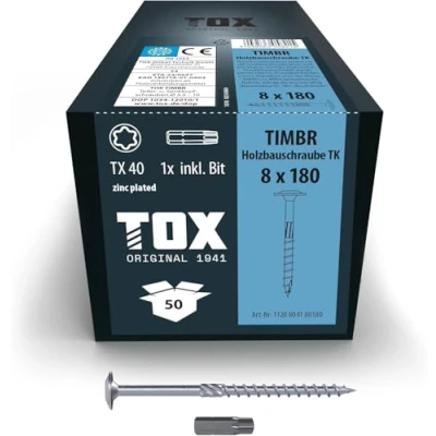 Immagine di TOX viti per costruzioni in legno TIMBR TK 8,0 x 180 mm, testa a disco, TX40, facile avvitamento e un&#039;elevata capacità di carico nelle legno, 50 pezzi incl. 1x punta, 1120804180180