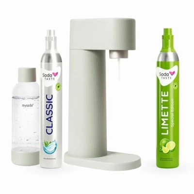 Immagine di Pacchetto risparmio: Mysoda Woody Aeratore in composito di legno rinnovabile con bottiglia plastica senza BPA da 1 l, cilindro CO2 Classic + Lime (verde chiaro, Pigeon)